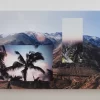 Collage fotográfico de paisaje cordillerano del Valle del Elqui con montañas al fondo, sobre el que se superponen imágenes de palmeras tropicales y fragmentos de vegetación mediante recortes rectangulares. Obra de Fiorella Angelini realizada con collage digital de fotografías análogas 35 mm, impresa en Dibond, 2020.