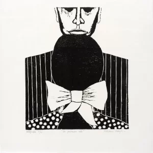 Xilografía en blanco y negro de Adriana Asenjo que muestra dos figuras, una masculina y una femenina, superpuestas y construidas mediante fuertes contrastes entre negro y blanco, con planos cerrados y composición frontal. Impresa sobre papel de arroz, 38 x 32 cm, 1964, edición P/A.
