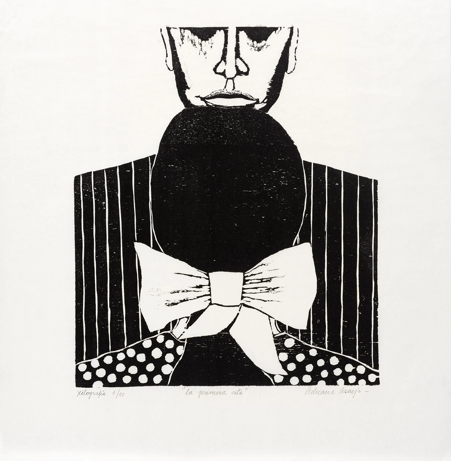 Xilografía en blanco y negro de Adriana Asenjo que muestra dos figuras, una masculina y una femenina, superpuestas y construidas mediante fuertes contrastes entre negro y blanco, con planos cerrados y composición frontal. Impresa sobre papel de arroz, 38 x 32 cm, 1964, edición P/A.