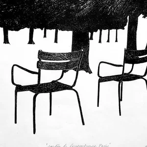 Xilografía en blanco y negro de Adriana Asenjo que muestra dos sillas vacías dispuestas frontalmente, recortadas como elementos centrales, con formas verticales oscuras al fondo que enmarcan la escena. Impresa sobre papel de arroz, 26 x 36 cm, edición P/A.