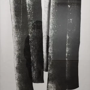 Xilografía en blanco y negro de Adriana Asenjo que muestra cuatro fragmentos verticales que evocan troncos de árbol, dispuestos en dos pares sobre fondo blanco. Las formas presentan bordes irregulares y superficies densamente texturadas, con zonas de alto contraste entre áreas claras y oscuras que revelan las vetas de la madera. La composición está construida a partir de hojas de papel de arroz ensambladas, cuyos bordes y pliegues son visibles e integrados a la imagen. Xilografía sobre papel de arroz, 61 x 91 cm, 1999, edición 2/6.