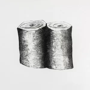 Xilografía en blanco y negro de Adriana Asenjo que muestra dos troncos cortados dispuestos verticalmente y unidos en el centro, con los anillos de crecimiento visibles en la parte superior. Las superficies presentan una textura granular propia del grabado en madera, con zonas de alto contraste que enfatizan el volumen y la unión entre ambas formas. Xilografía sobre papel de arroz, 68 x 48 cm, 1995, edición P/A.